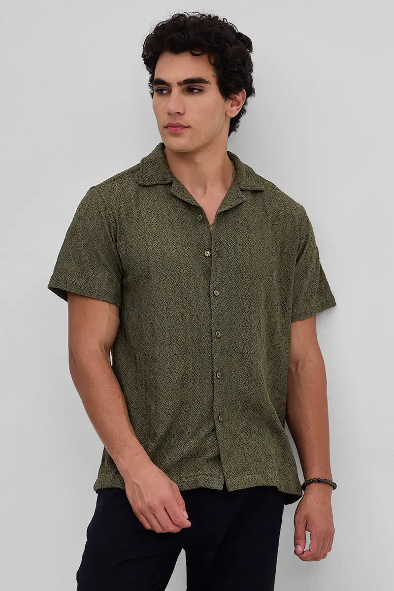 Buy Olive self design crochet shirt for men online in India